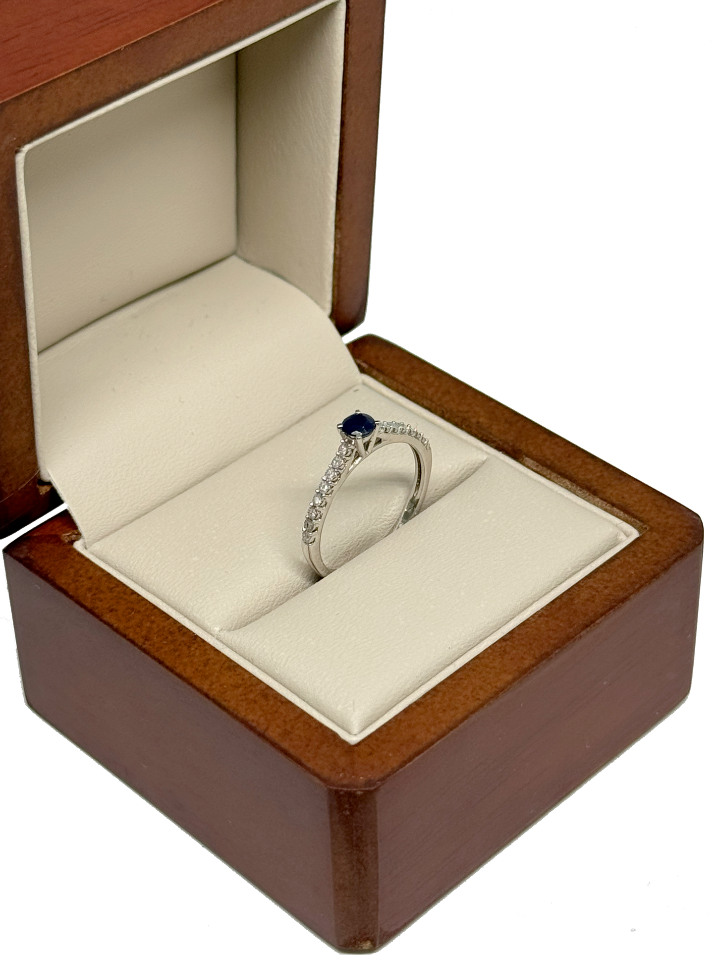 Anillo de Compromiso en Oro Blanco de 14K con Zafiro Natural Redondo y Diamantes Naturales DJ3621