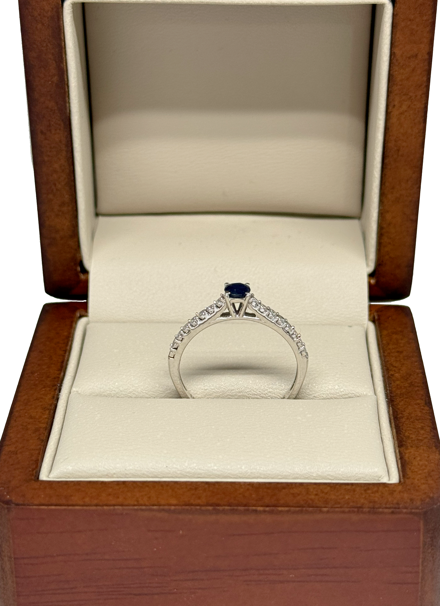 Anillo de Compromiso en Oro Blanco de 14K con Zafiro Natural Redondo y Diamantes Naturales DJ3621