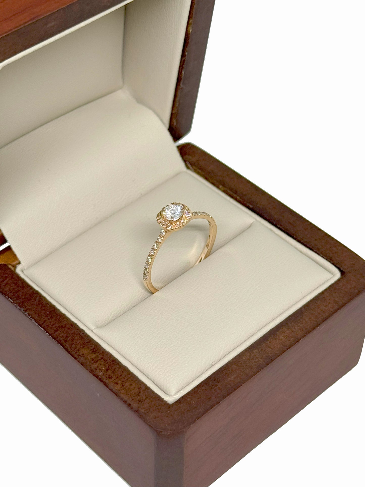 Anillo de Compromiso Halo en Oro Rosa 14K con Diamantes Naturales (.22 ct central + .22 ct adicionales) DJ3697