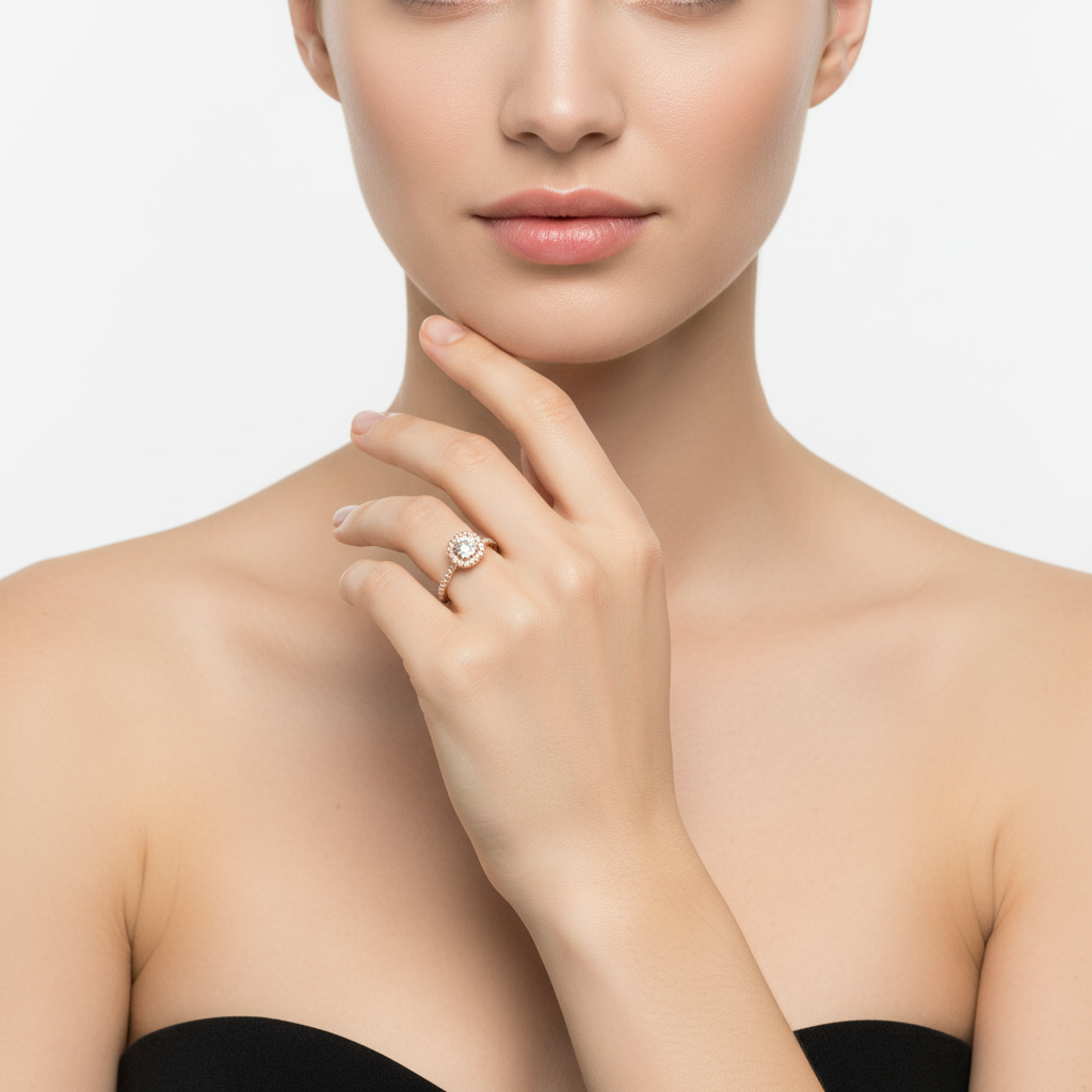 Anillo de Compromiso Halo en Oro Rosa 14K con Diamantes Naturales (.22 ct central + .22 ct adicionales) DJ3697