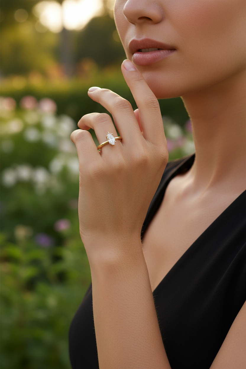 Anillo de compromiso en oro amarillo de 14K con diamante natural corte Marquís de 0.50 cts. DJ4120