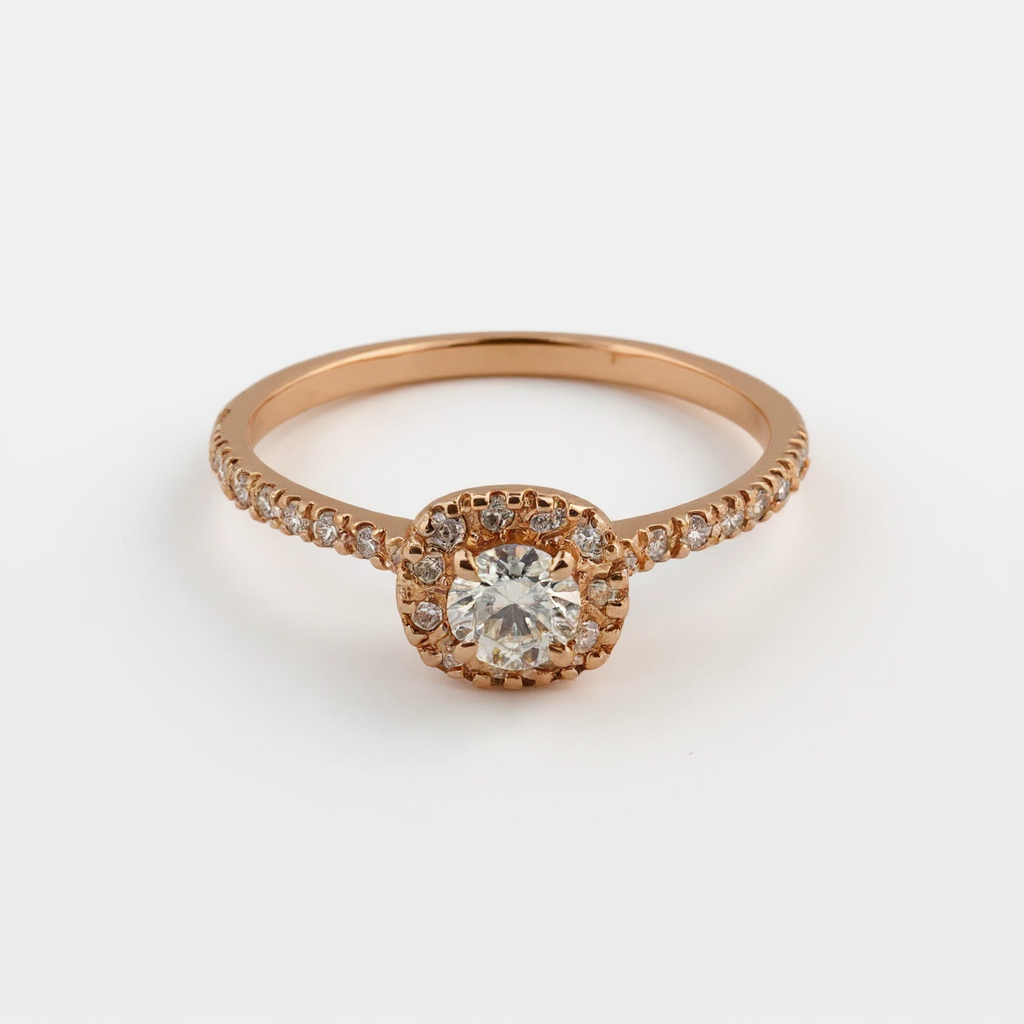 Anillo de Compromiso Halo en Oro Rosa 14K con Diamantes Naturales (.22 ct central + .22 ct adicionales) DJ3697