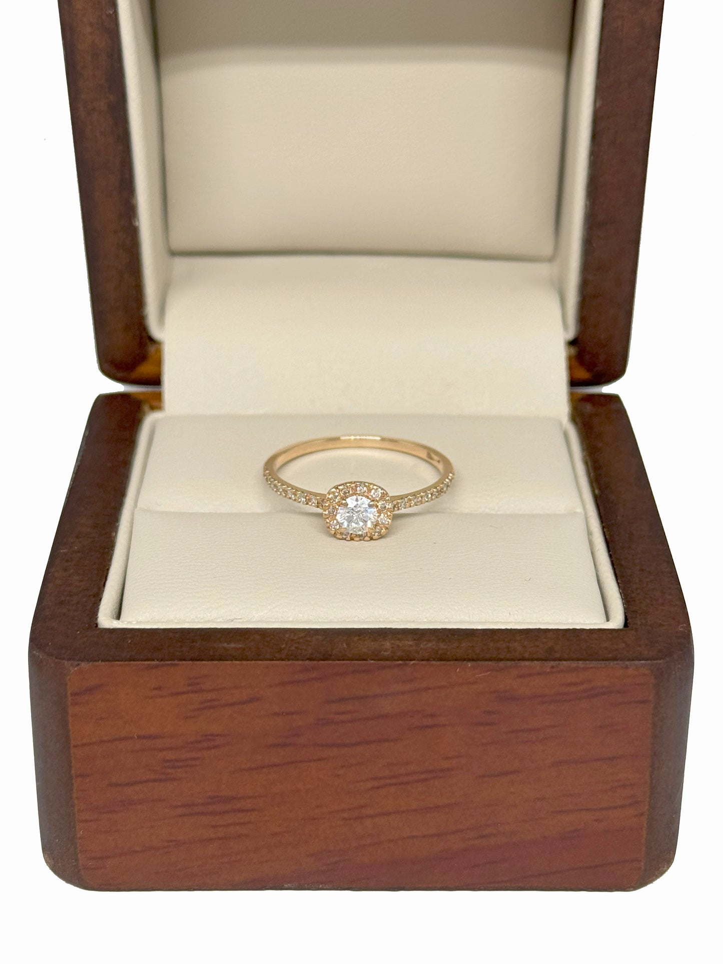 Anillo de Compromiso Halo en Oro Rosa 14K con Diamantes Naturales (.22 ct central + .22 ct adicionales) DJ3697