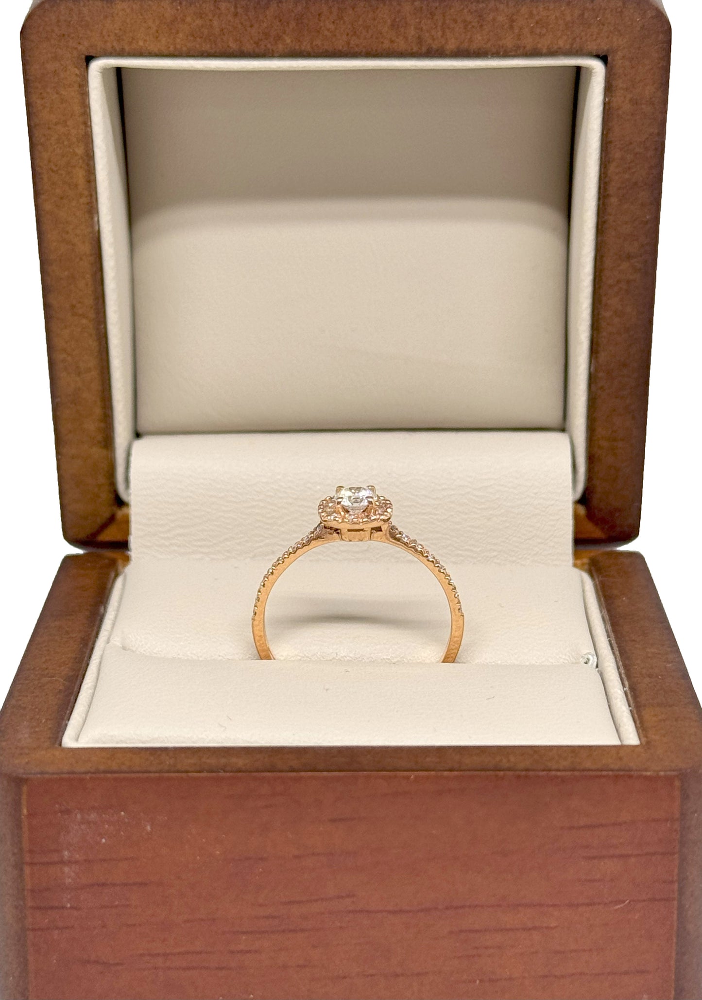 Anillo de Compromiso Halo en Oro Rosa 14K con Diamantes Naturales (.22 ct central + .22 ct adicionales) DJ3697